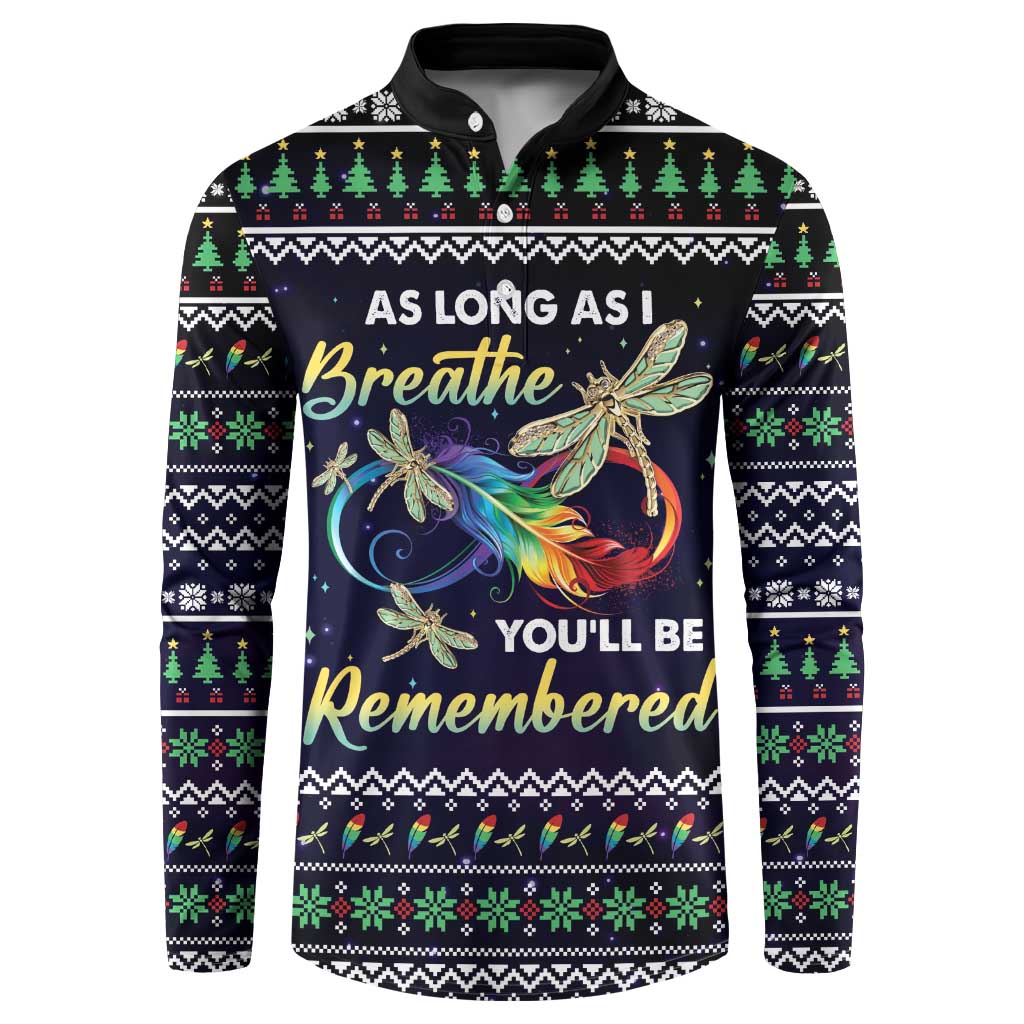 Black long-sleeve sweatshirt with dragonfly angel graphic and festive Christmas pattern.