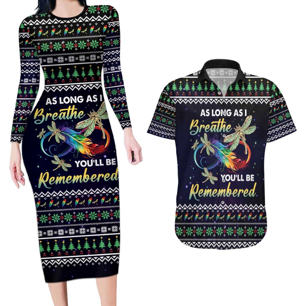 Dragonfly Angel Couples Matching Long Sleeve Bodycon Dress and Hawaiian Shirt As Long As I Breathe You'll Be Remembered - Wonder Print Shop