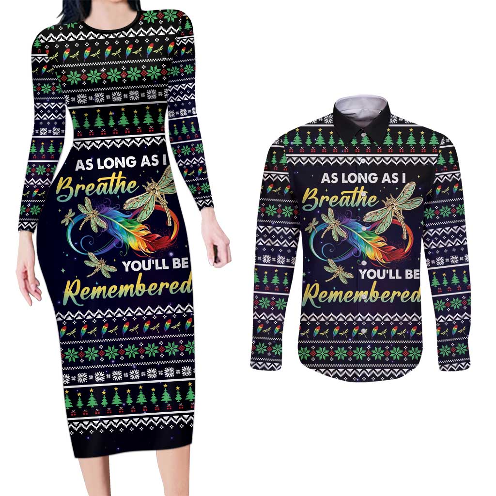 Dragonfly Angel Couples Matching Long Sleeve Bodycon Dress and Long Sleeve Button Shirt As Long As I Breathe You'll Be Remembered - Wonder Print Shop