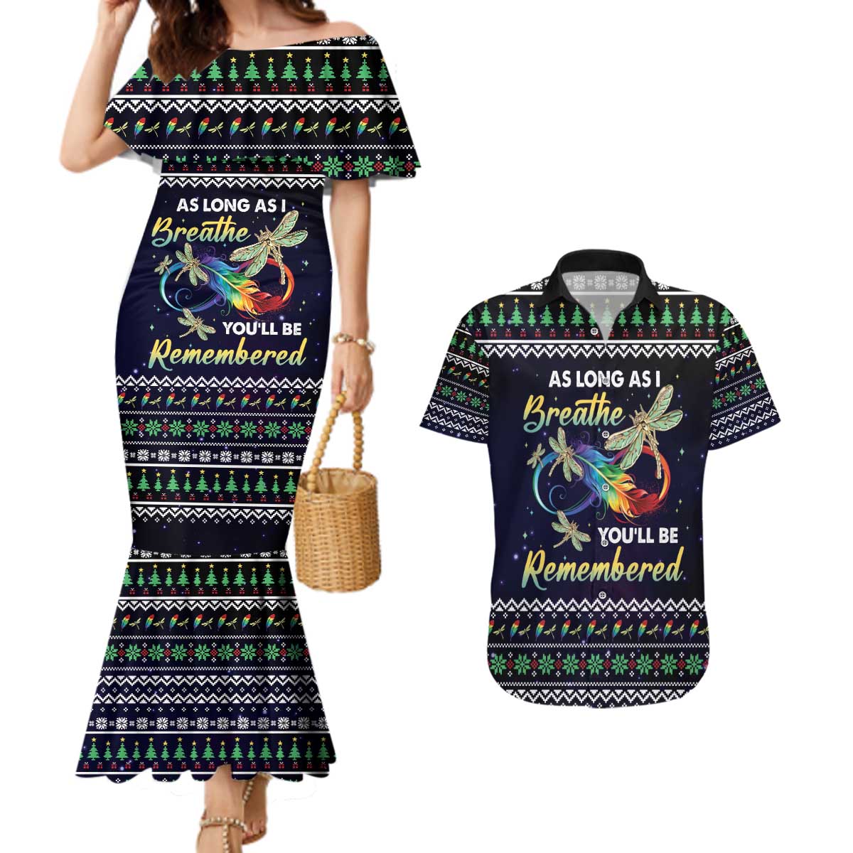 Dragonfly Angel Couples Matching Mermaid Dress and Hawaiian Shirt As Long As I Breathe You'll Be Remembered - Wonder Print Shop