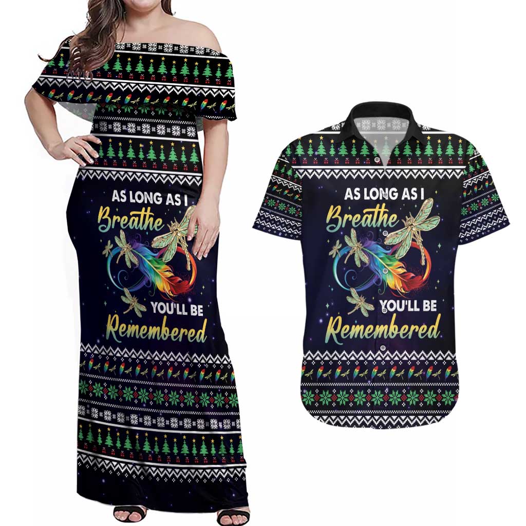 Dragonfly Angel Couples Matching Off Shoulder Maxi Dress and Hawaiian Shirt As Long As I Breathe You'll Be Remembered - Wonder Print Shop