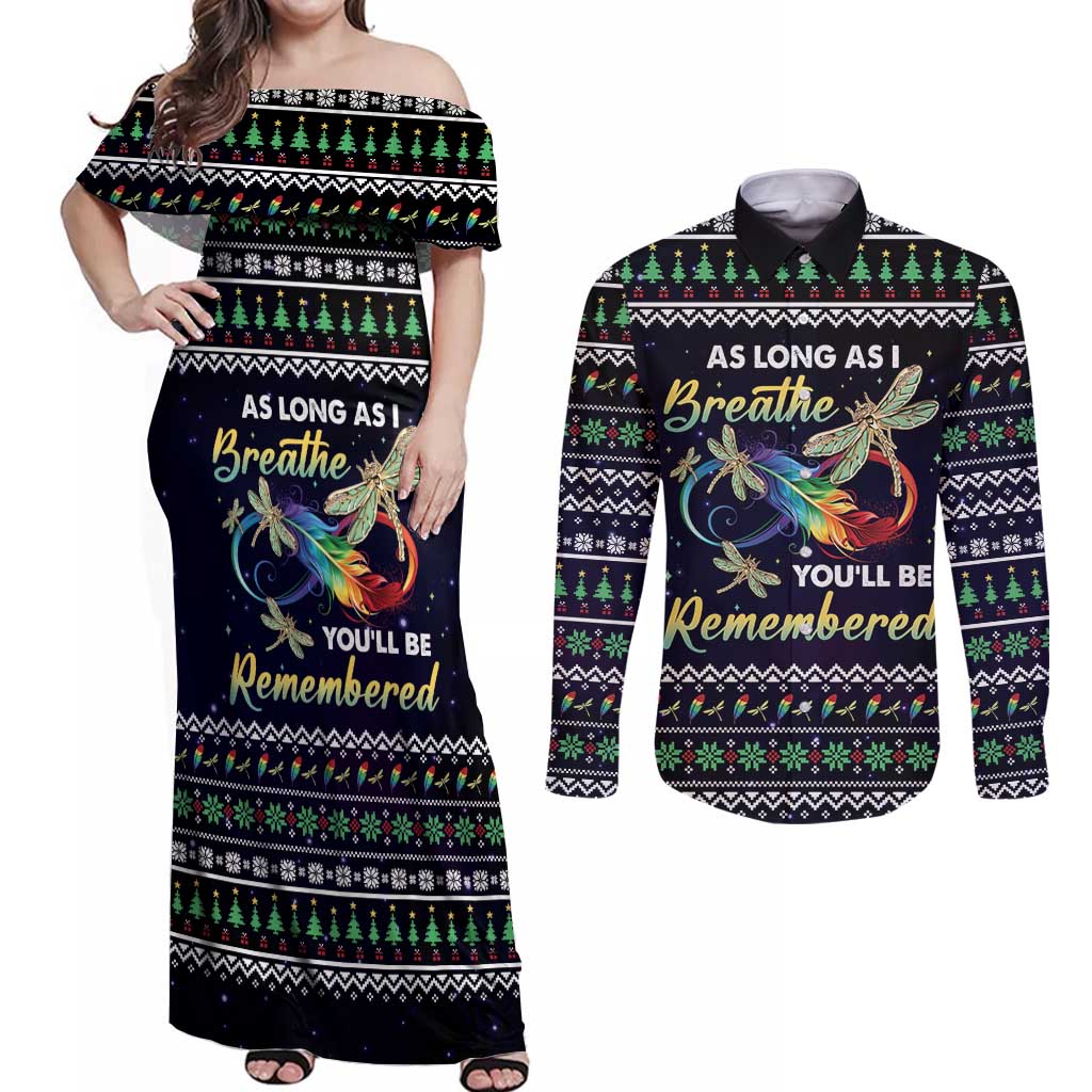 Dragonfly Angel Couples Matching Off Shoulder Maxi Dress and Long Sleeve Button Shirt As Long As I Breathe You'll Be Remembered - Wonder Print Shop