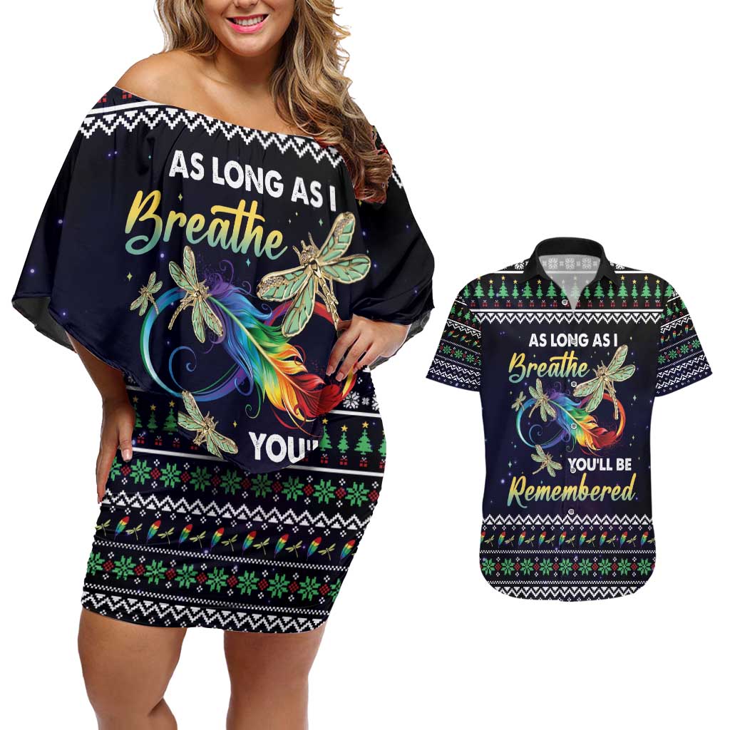 Dragonfly Angel Couples Matching Off Shoulder Short Dress and Hawaiian Shirt As Long As I Breathe You'll Be Remembered - Wonder Print Shop