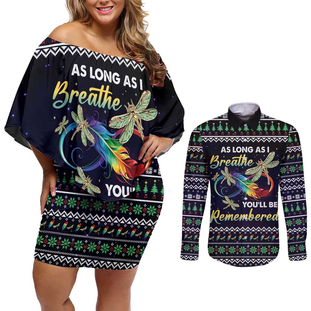 Dragonfly Angel Couples Matching Off Shoulder Short Dress and Long Sleeve Button Shirt As Long As I Breathe You'll Be Remembered - Wonder Print Shop