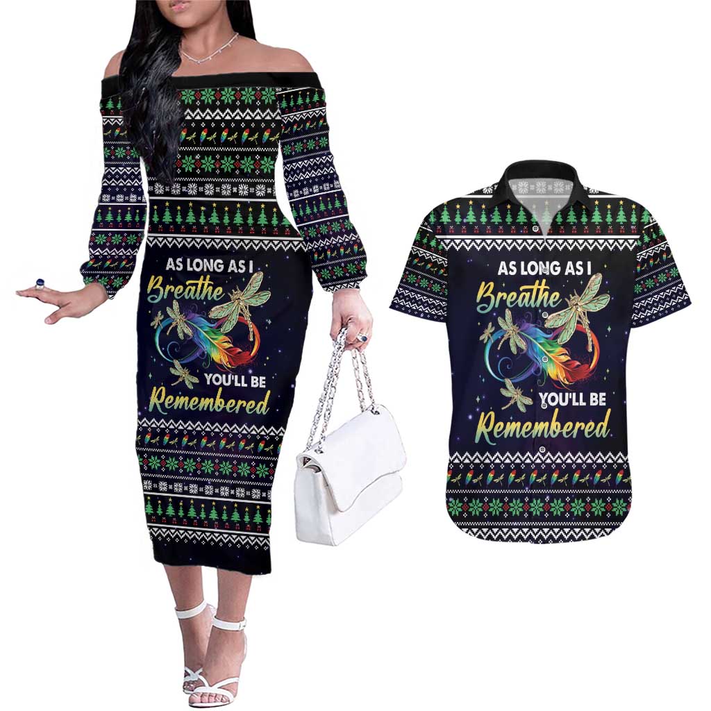 Dragonfly Angel Couples Matching Off The Shoulder Long Sleeve Dress and Hawaiian Shirt As Long As I Breathe You'll Be Remembered - Wonder Print Shop