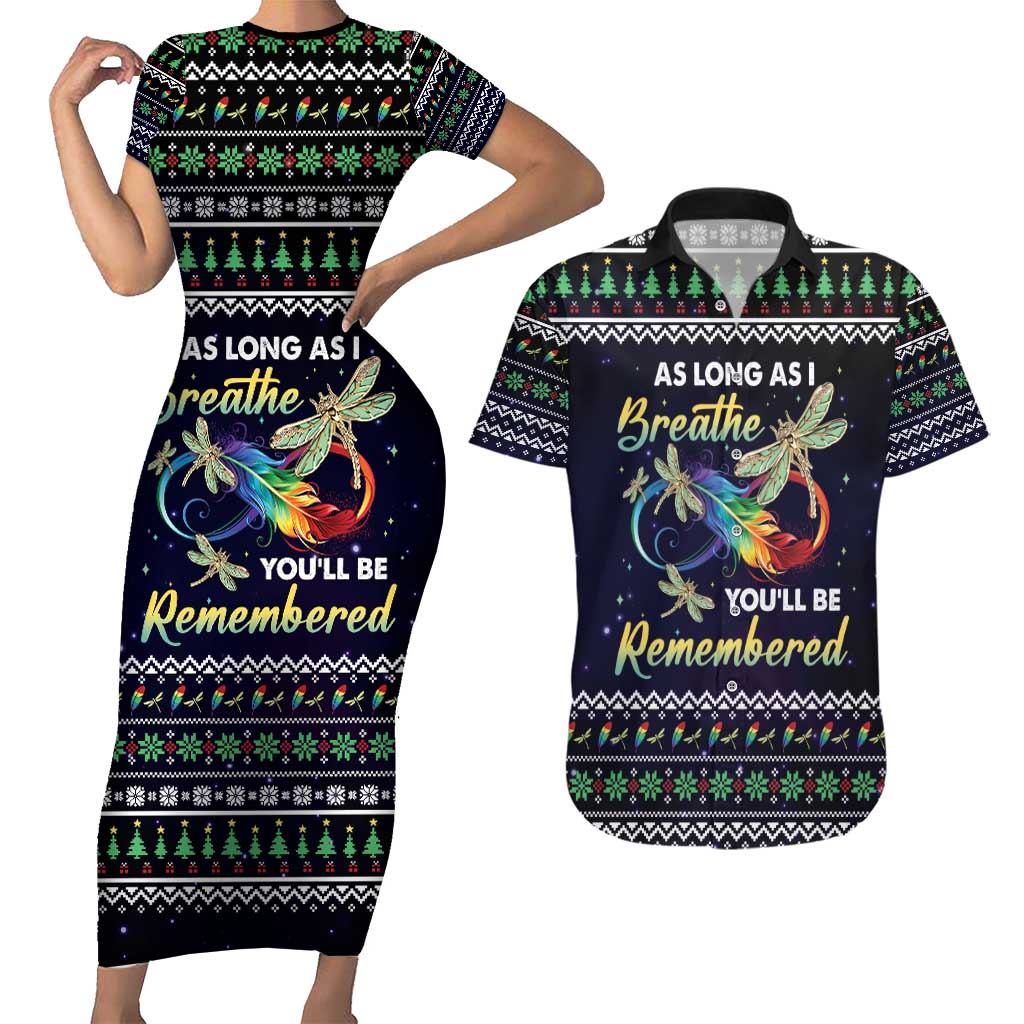 Dragonfly Angel Couples Matching Short Sleeve Bodycon Dress and Hawaiian Shirt As Long As I Breathe You'll Be Remembered - Wonder Print Shop