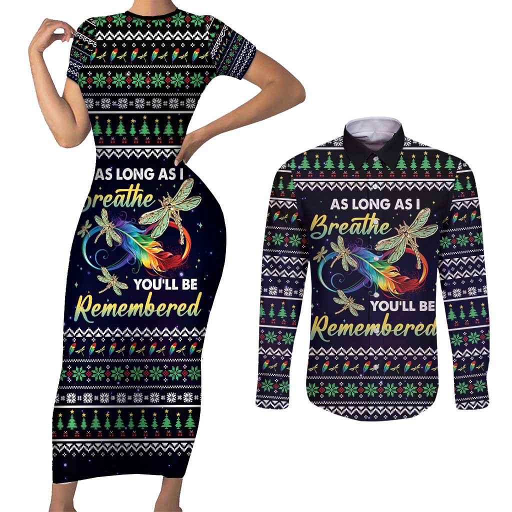 Dragonfly Angel Couples Matching Short Sleeve Bodycon Dress and Long Sleeve Button Shirt As Long As I Breathe You'll Be Remembered - Wonder Print Shop