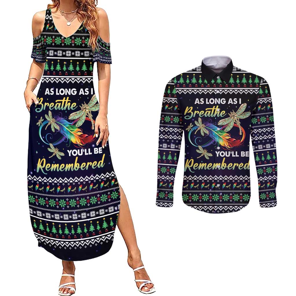 Dragonfly Angel Couples Matching Summer Maxi Dress and Long Sleeve Button Shirt As Long As I Breathe You'll Be Remembered - Wonder Print Shop