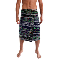 Men's black patterned sarong with green and white stripe bands, elastic waistband