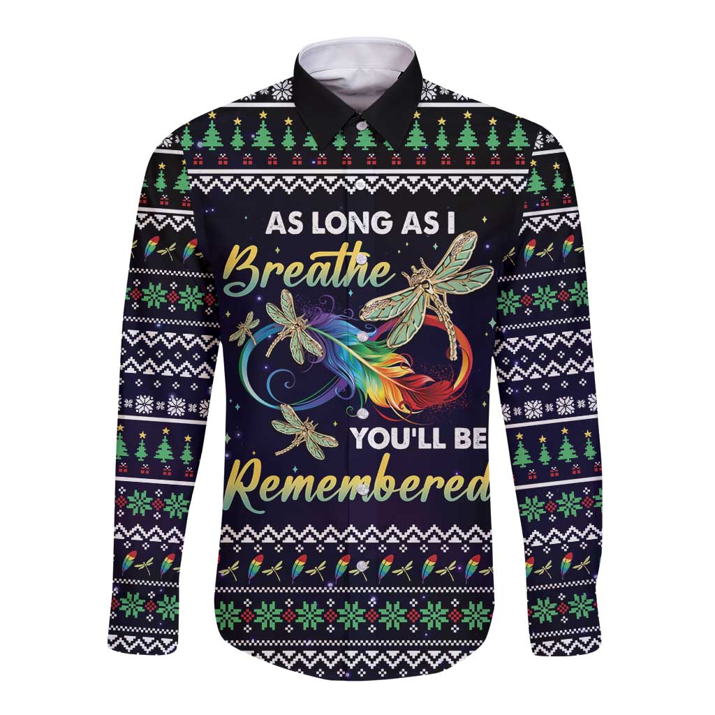 Black long-sleeve button shirt with colorful dragonfly angel front graphic and festive pattern