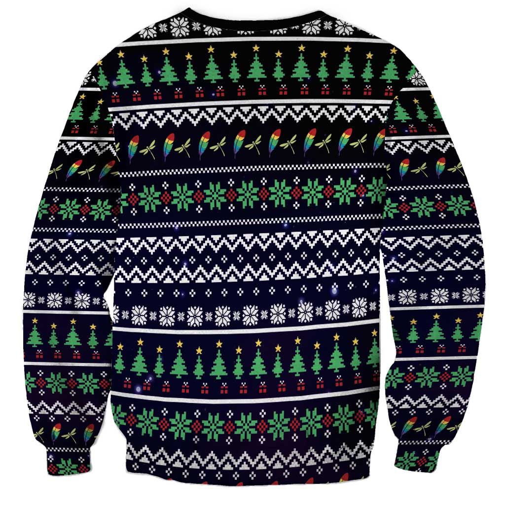 Unisex black sweatshirt back with festive dragonfly pattern and holiday stripes