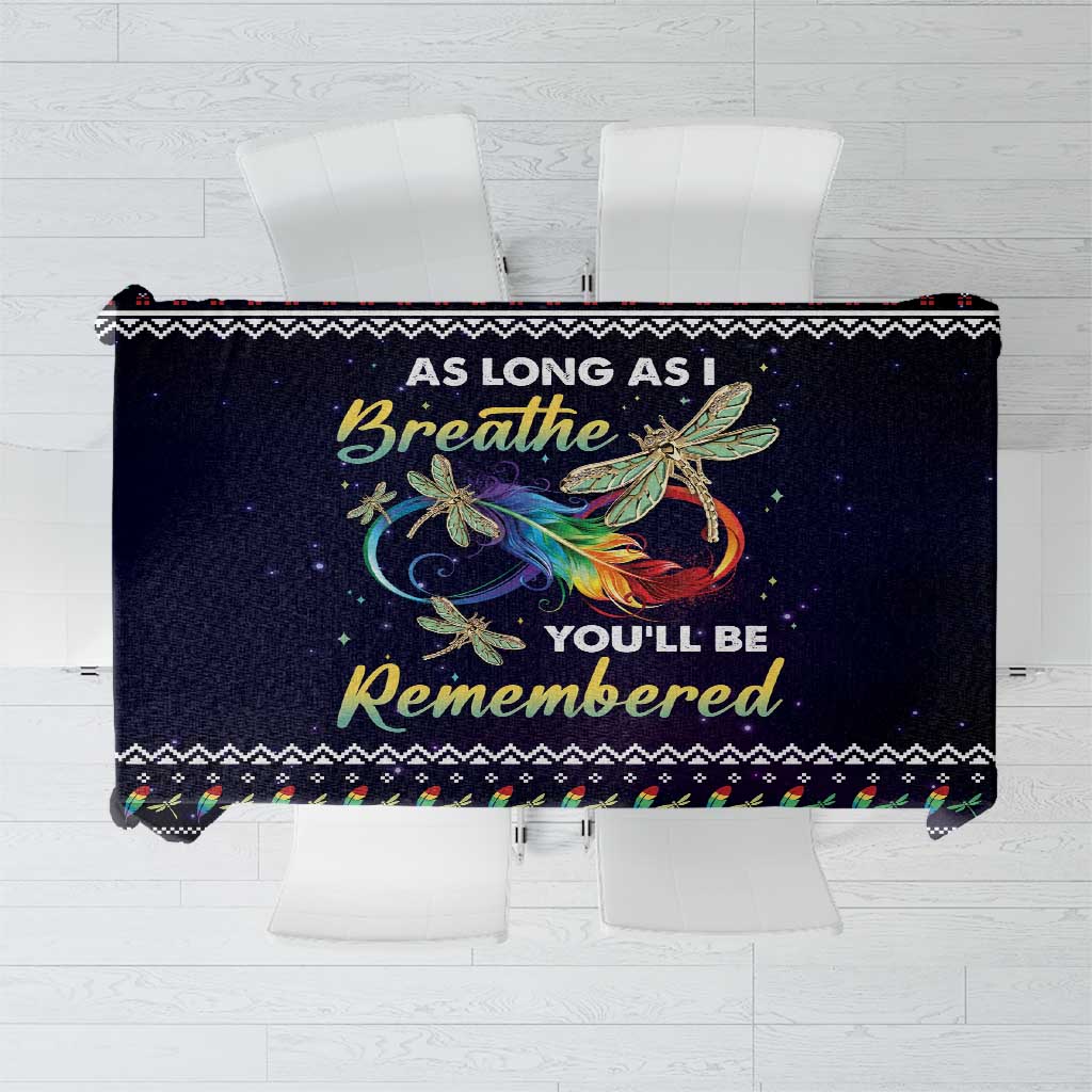 Navy and black tablecloth with angel, dragonfly, and “As long as I breathe” text design