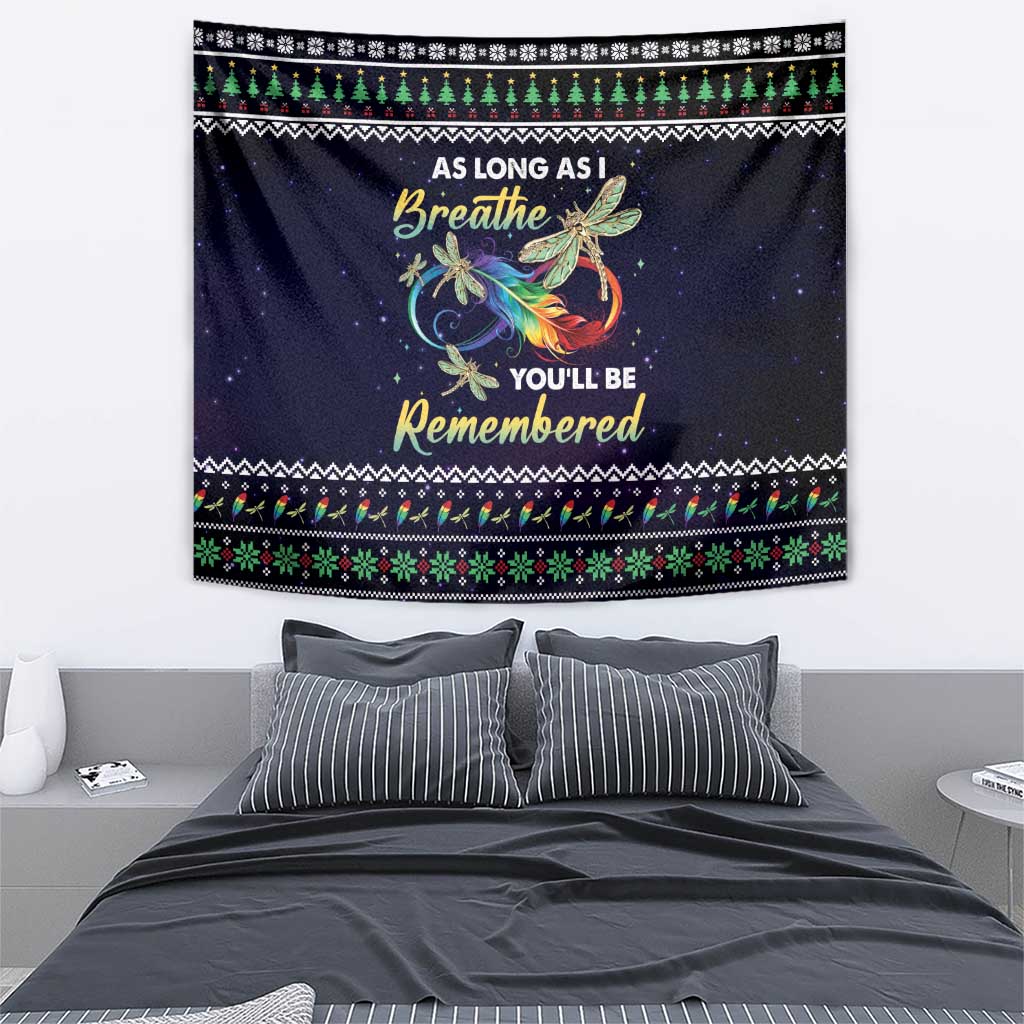 Black tapestry with centered dragonfly angel and quote text 'You'll Be Remembered'