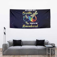 Black tapestry with dragonfly angel, quote text, and decorative border bands
