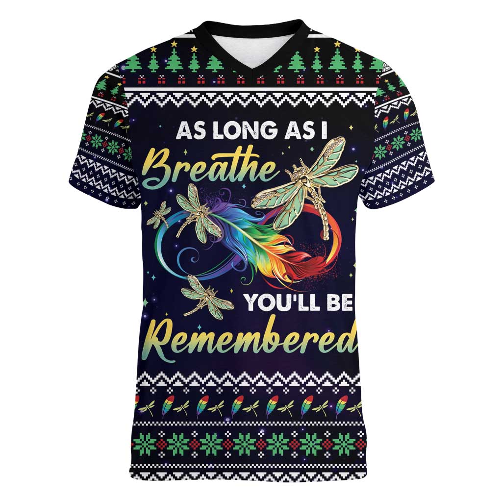 Dragonfly Angel Women V-Neck T-Shirt As Long As I Breathe You'll Be Remembered