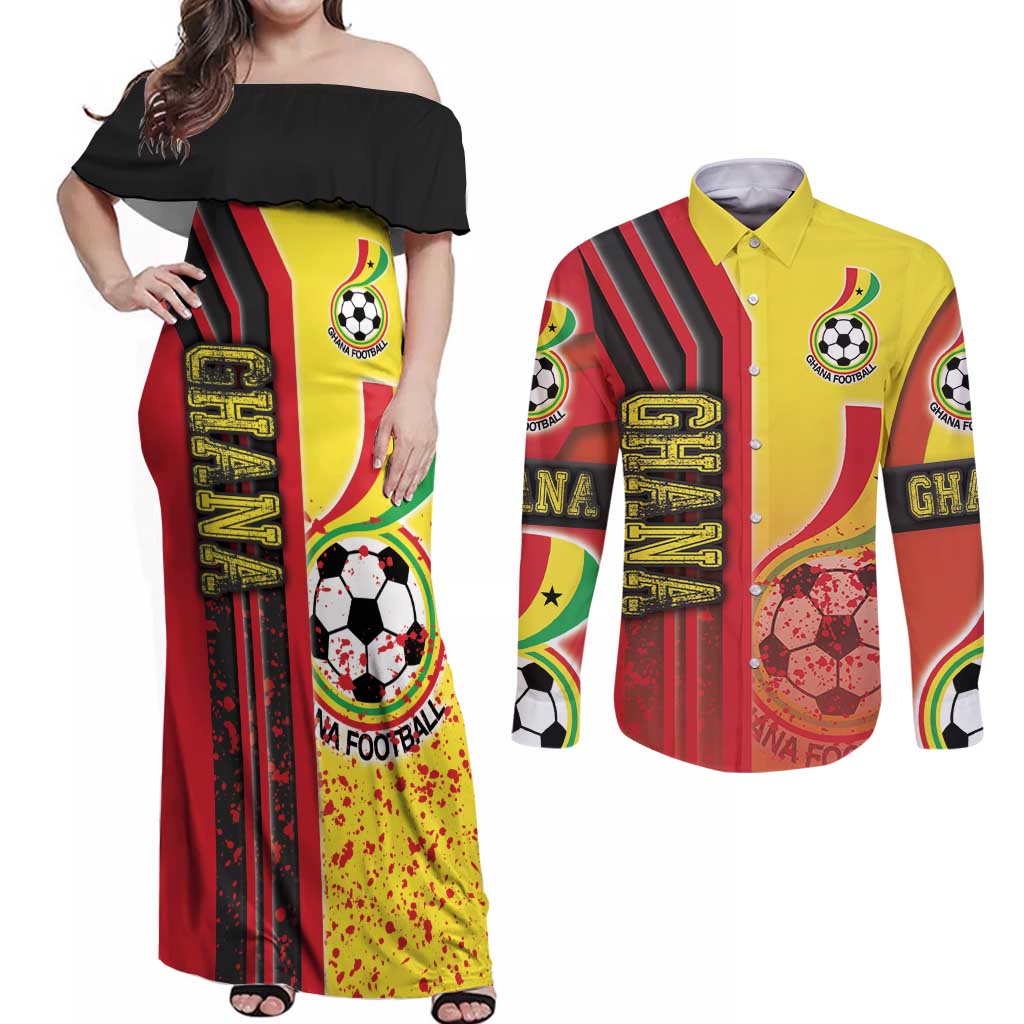 Ghana Football Couples Matching Off Shoulder Maxi Dress and Long Sleeve Button Shirt Black Stars Soccer - Road To Champion - Wonder Print Shop