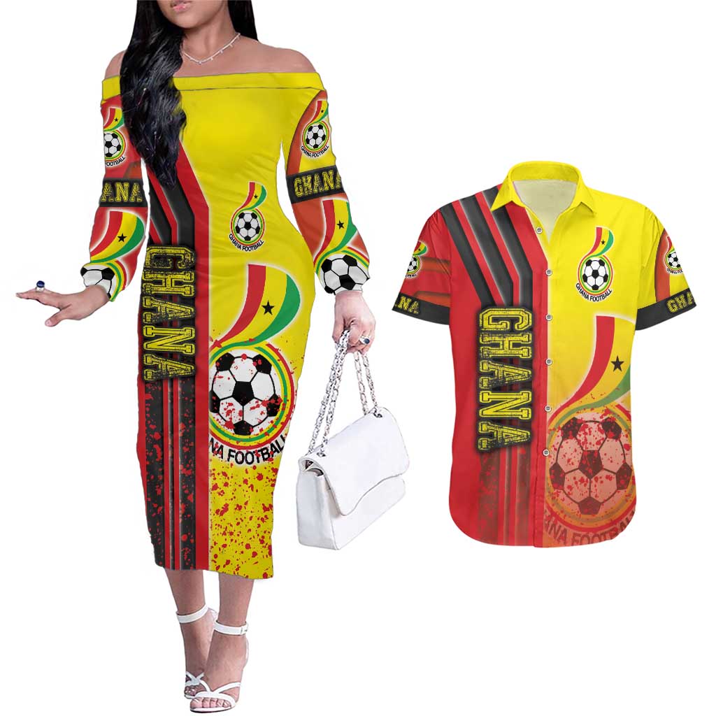 Ghana Football Couples Matching Off The Shoulder Long Sleeve Dress and Hawaiian Shirt Black Stars Soccer - Road To Champion - Wonder Print Shop