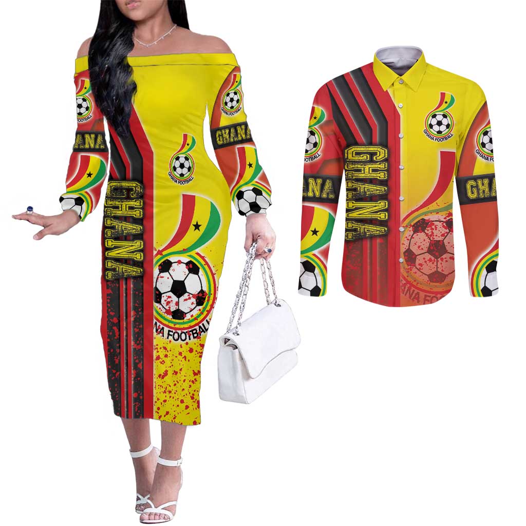 Ghana Football Couples Matching Off The Shoulder Long Sleeve Dress and Long Sleeve Button Shirt Black Stars Soccer - Road To Champion