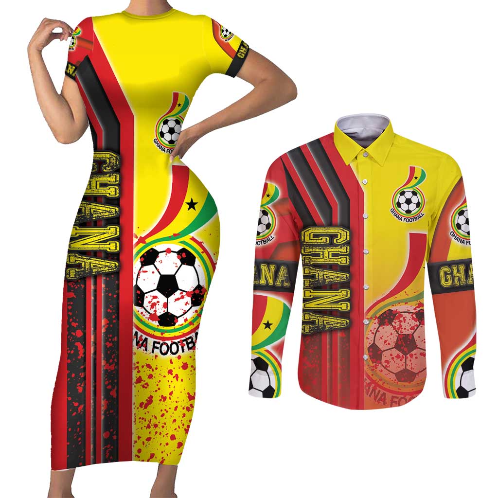 Ghana Football Couples Matching Short Sleeve Bodycon Dress and Long Sleeve Button Shirt Black Stars Soccer - Road To Champion - Wonder Print Shop