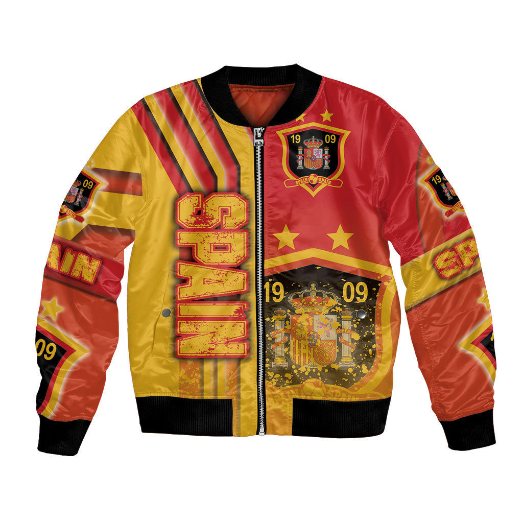 Unisex red and yellow Spain soccer bomber jacket with full zip and ribbed cuffs