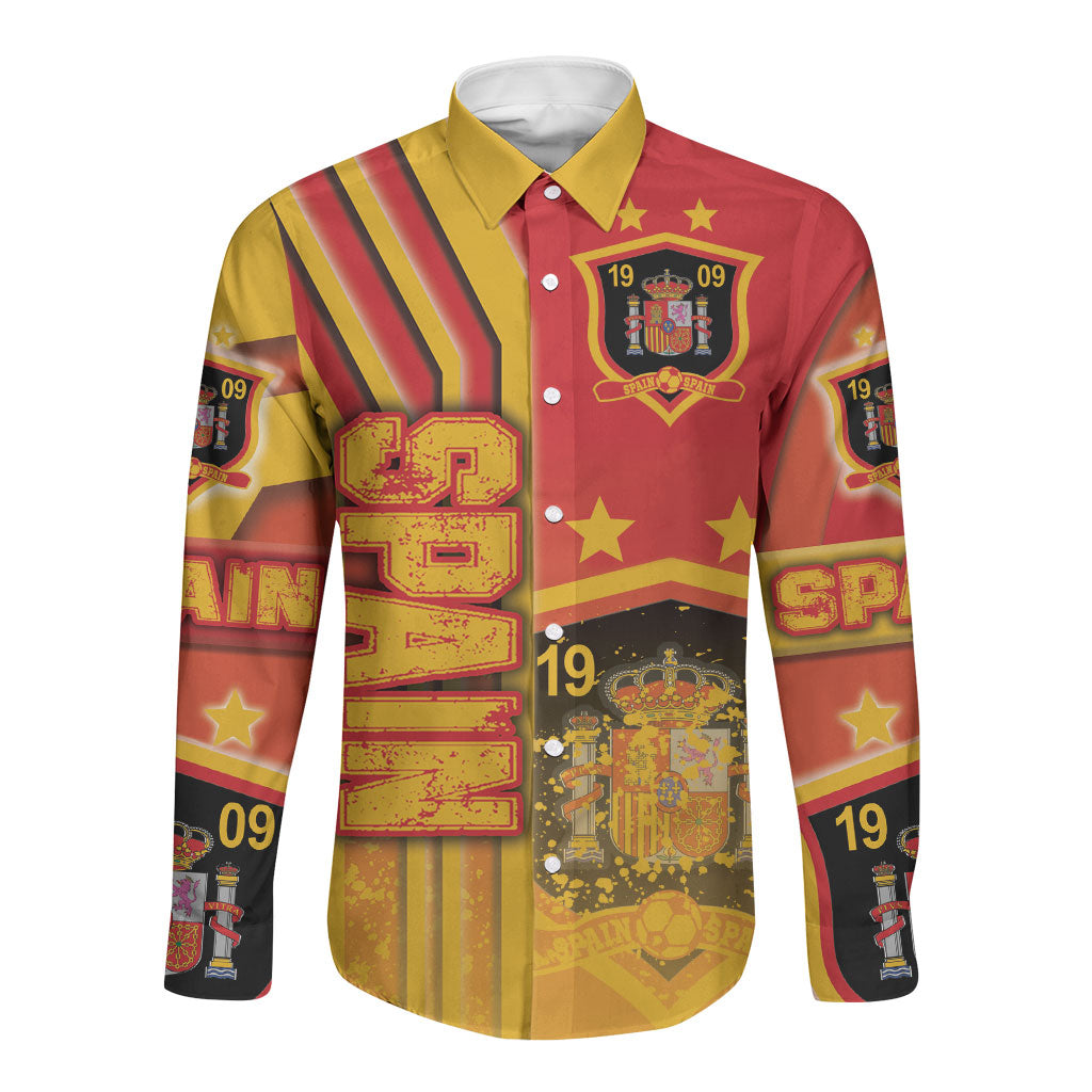 Unisex long-sleeve button soccer shirt, red and gold striped with crest and stars