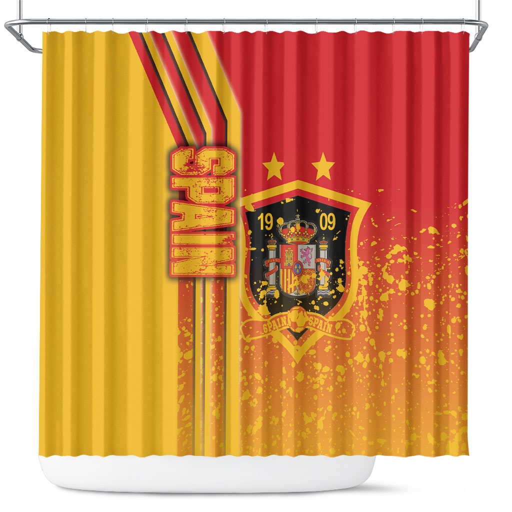 Red and yellow Spain football shower curtain with crest, stars, and 19-09 print