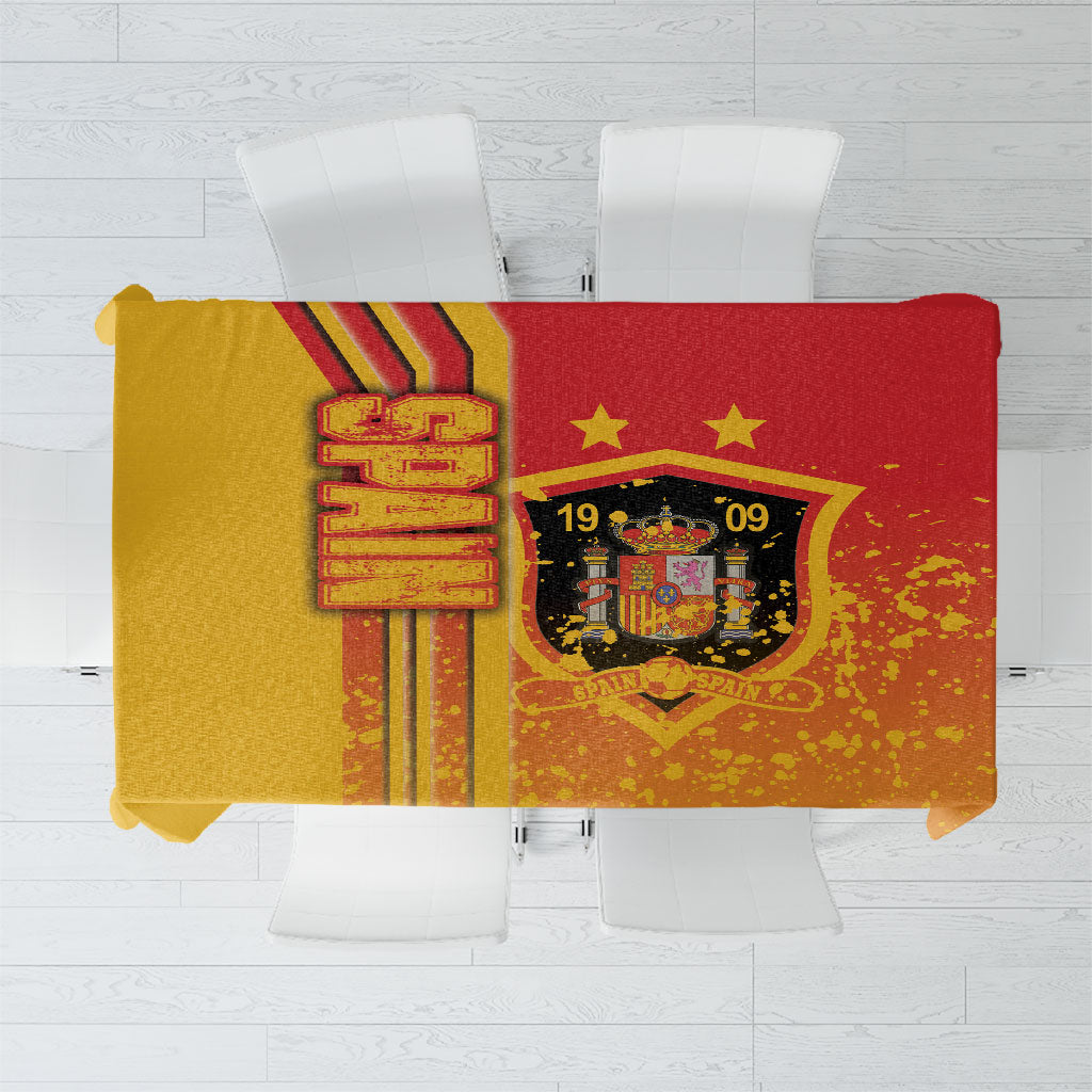 Spain football tablecloth with red and gold graphics, crest, and year numbers