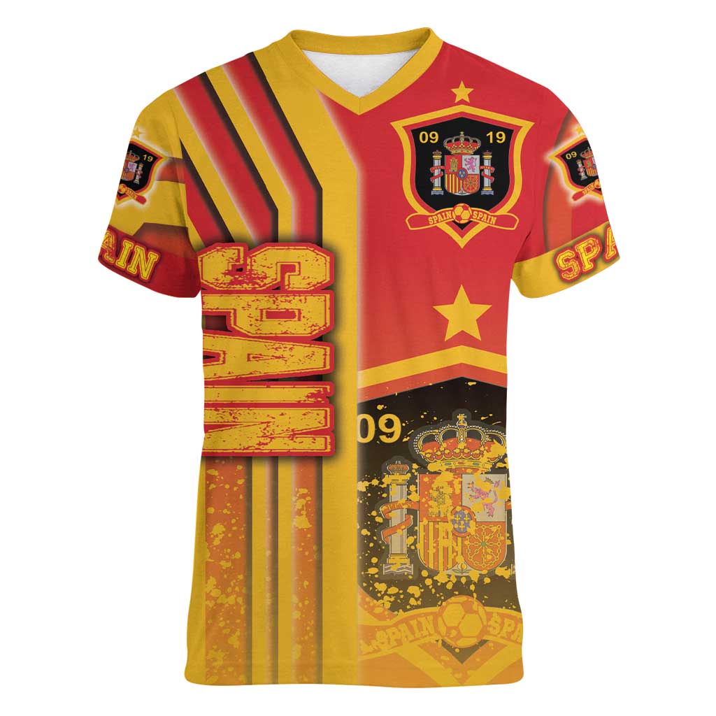 Spain Football Women V-Neck T-Shirt La Roja Soccer - Road To Champion - Wonder Print Shop