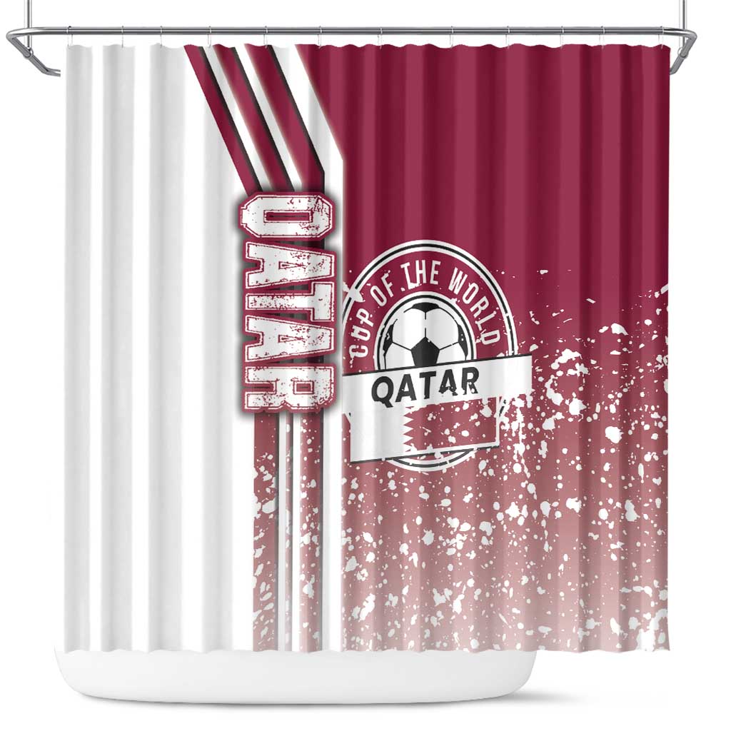 Soccer shower curtain in maroon and white with Qatar ball logo and vertical stripes