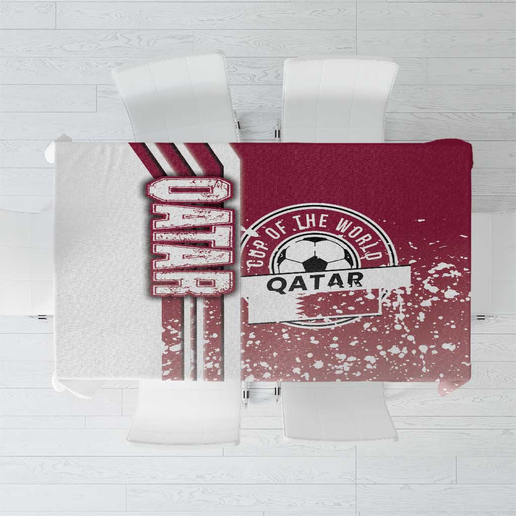 Purple soccer tablecloth with Qatar crest and maroon stripe graphic design