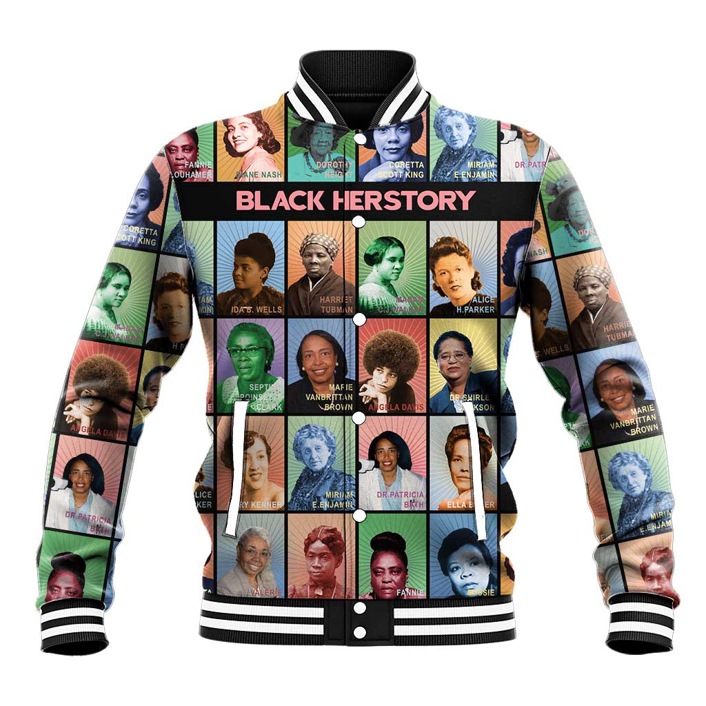 Black varsity baseball jacket with ribbed collar, snap front, and collage graphic sleeves