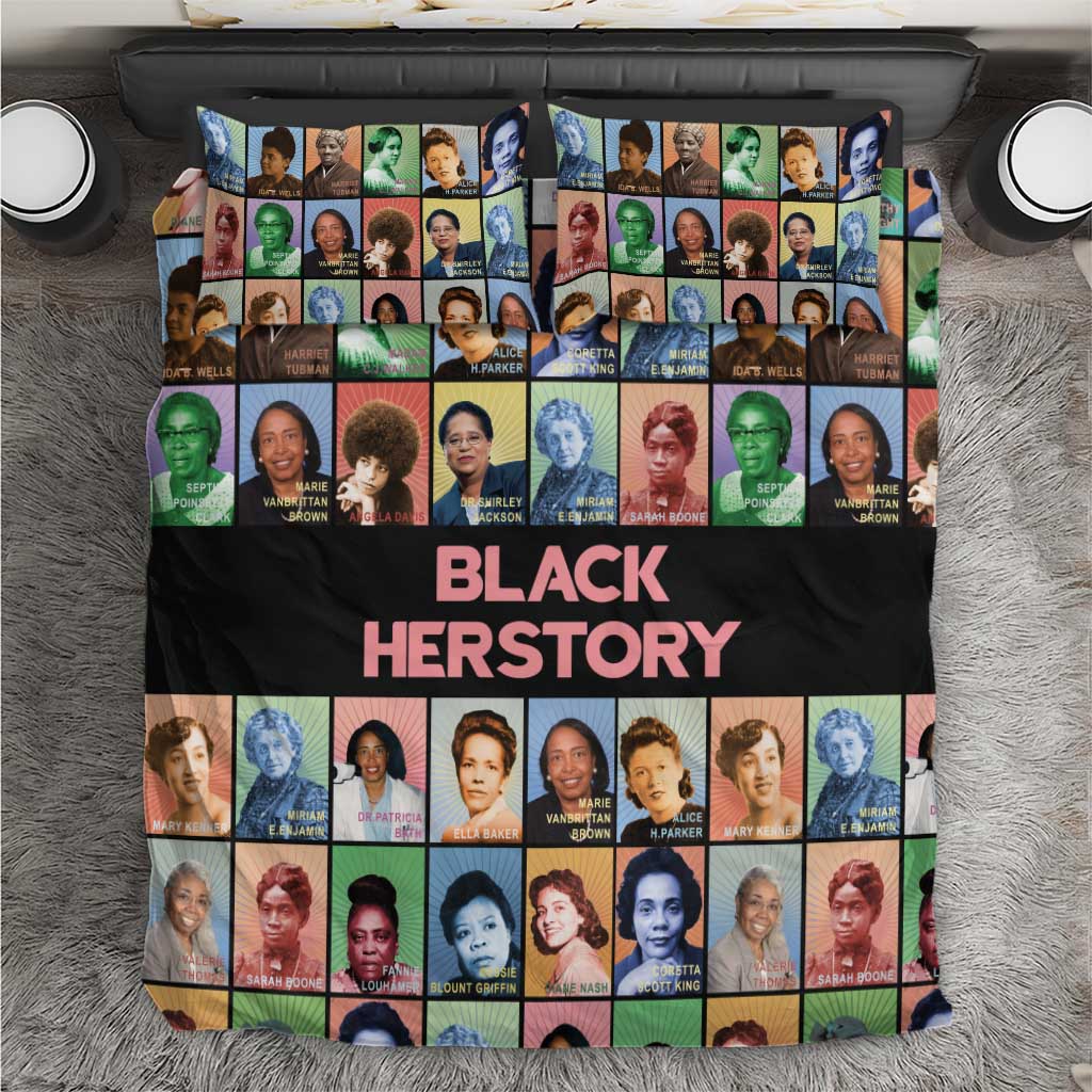 Bedding set with colorful portrait collage and large “BLACK HERSTORY” text panel