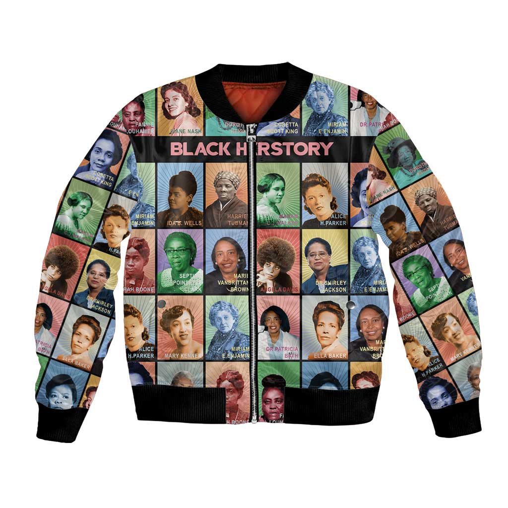 Black bomber jacket with colorful portrait collage and 'BLACK HERSTORY' text panels.