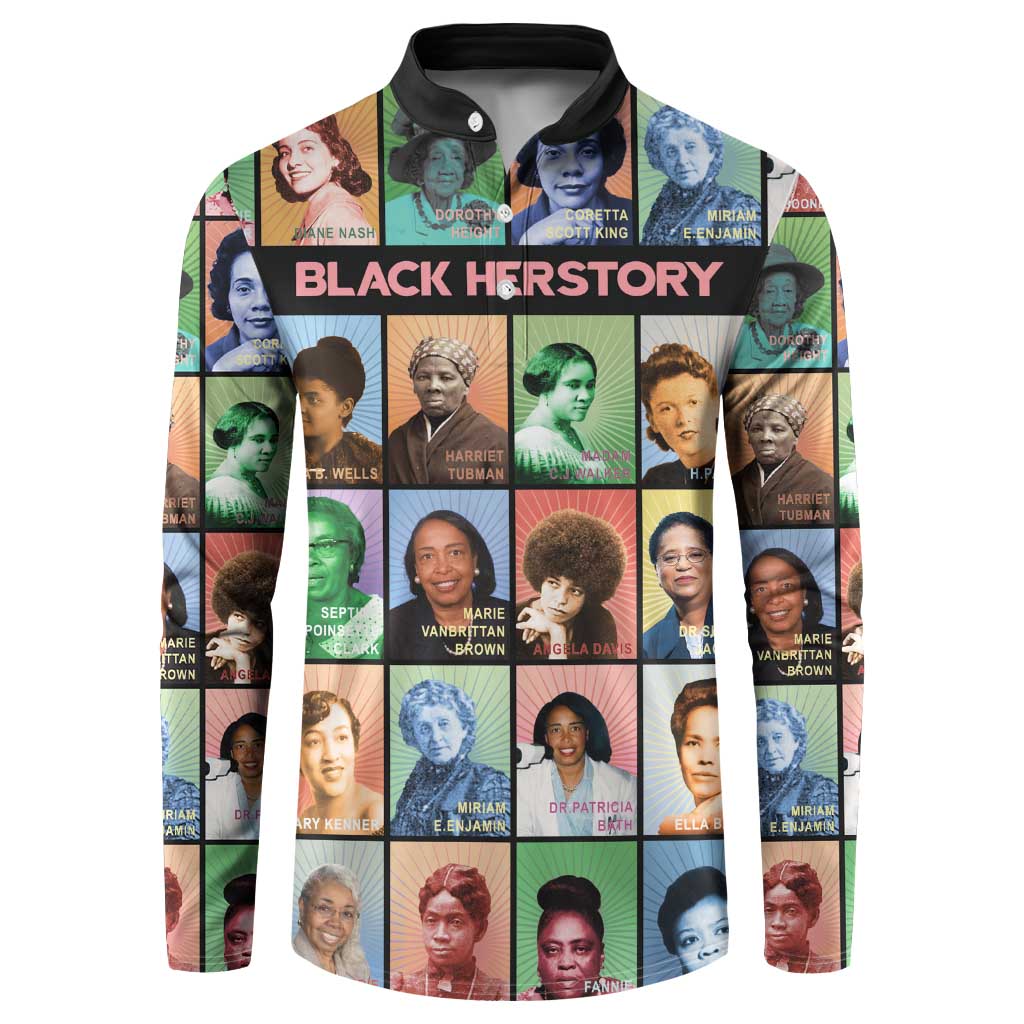 Black button sweatshirt with multicolor portrait collage and 'BLACK HERSTORY' text