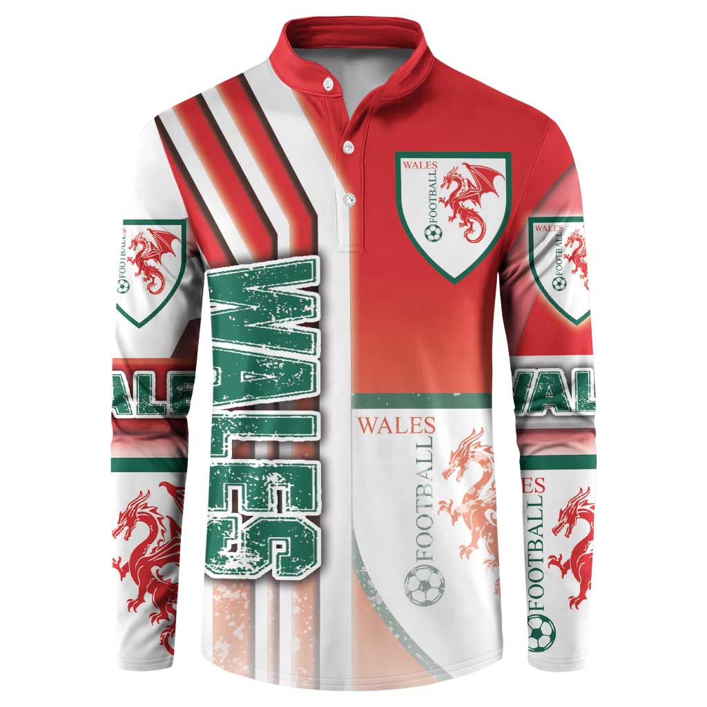 Red button-front football sweatshirt with Wales crest and striped green-and-white graphics
