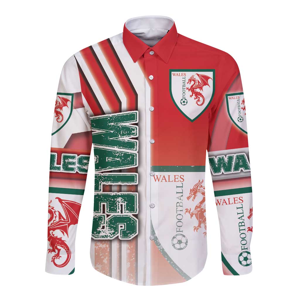 Red and white long-sleeve button football shirt with Wales crest and bold green graphic print