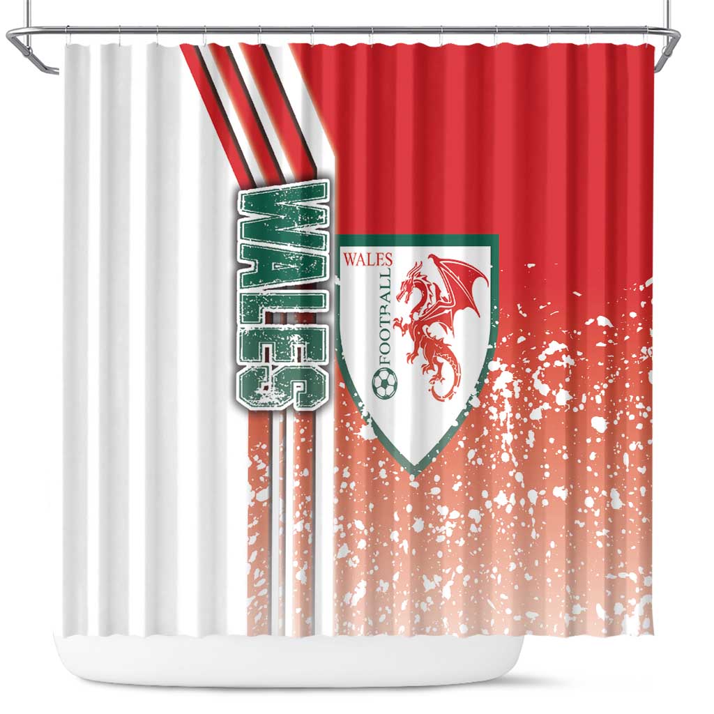 Wales football shower curtain with red and white stripes, dragon crest and splatter