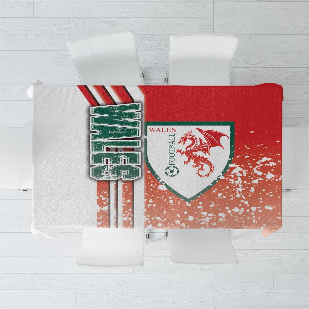 Red football tablecloth with Wales crest, green frame, and striped badge graphic
