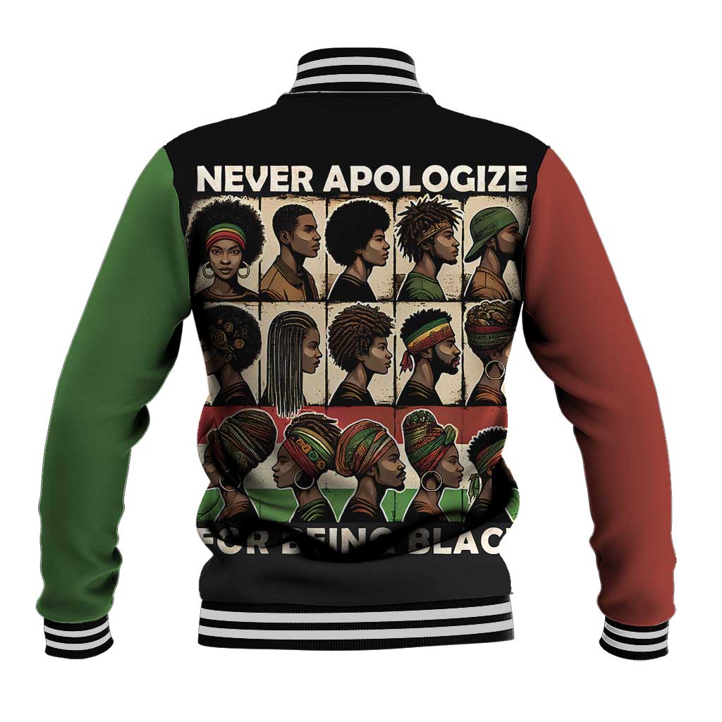 Black baseball jacket with striped ribbed cuffs, back graphic portrait print