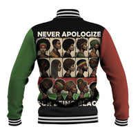 Black baseball jacket with striped ribbed cuffs, back graphic portrait print