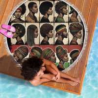 Round beach blanket, fringed border, African face collage graphic with bold colors