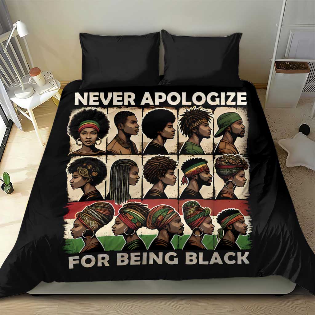 Black bedding set with illustrated portrait panel and “FOR BEING BLACK” text on duvet, two pillows