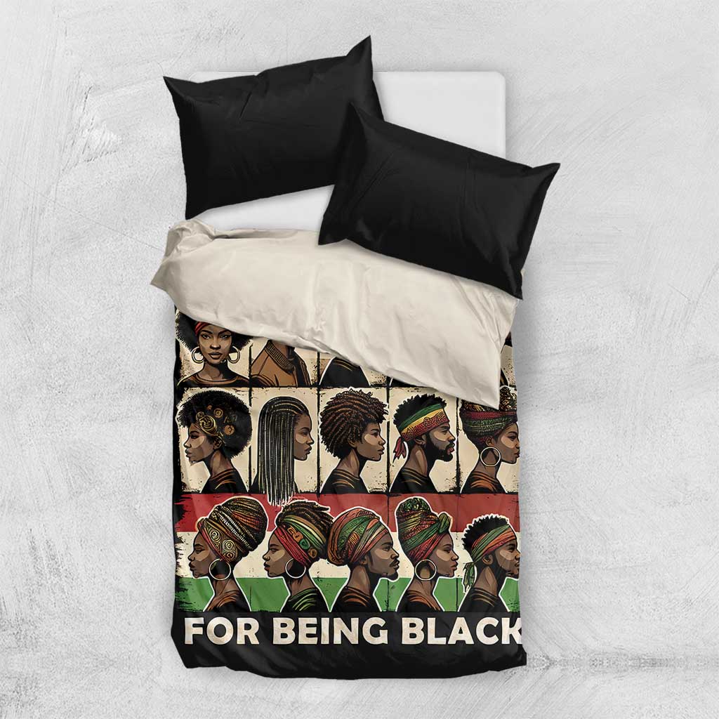Black bedding set with illustrated portrait graphic and “FOR BEING BLACK” text on duvet, two pillows