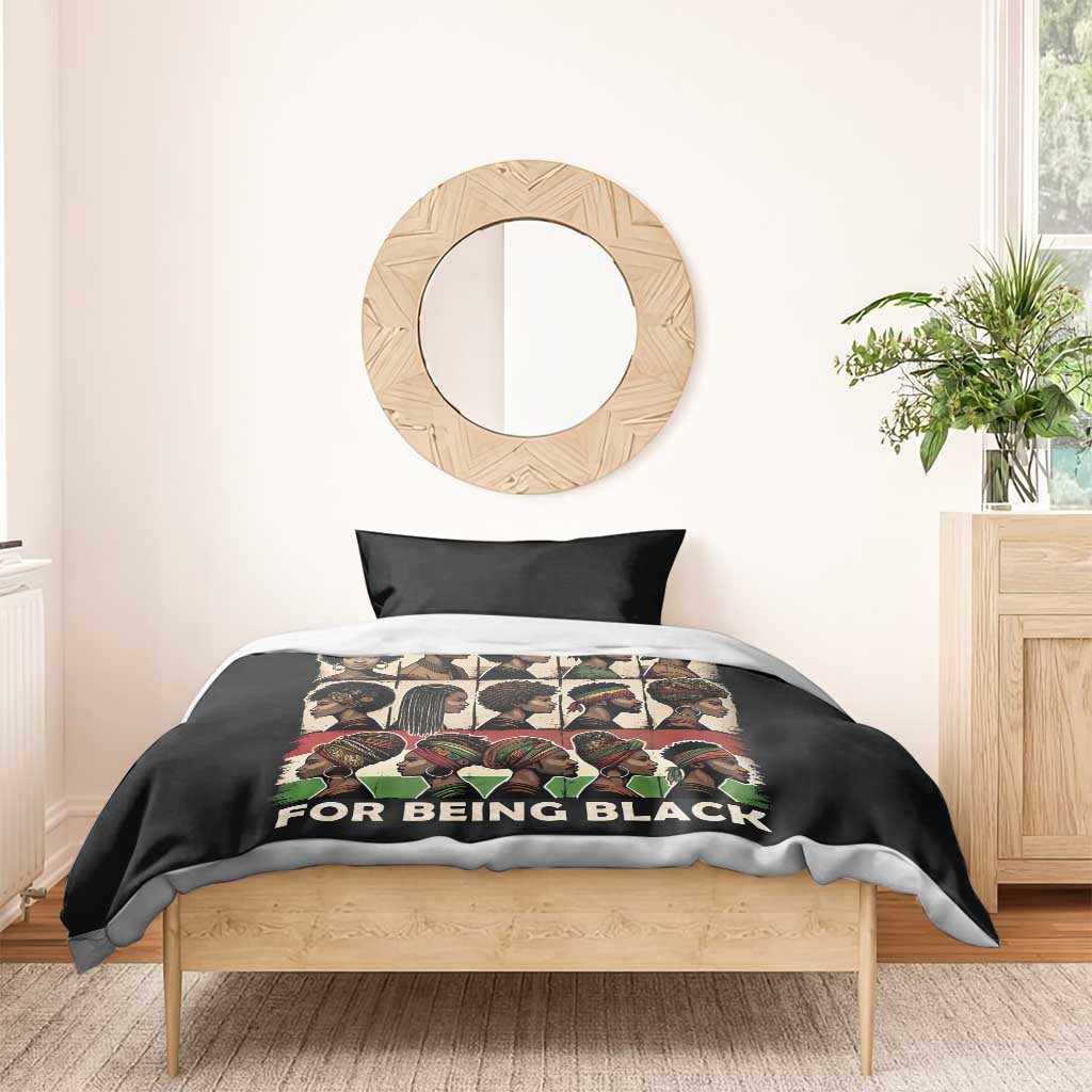 Black bedding set with illustrated portrait panel and “FOR BEING BLACK” text on duvet, one pillow