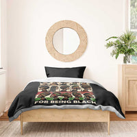 Black bedding set with illustrated portrait panel and “FOR BEING BLACK” text on duvet, one pillow