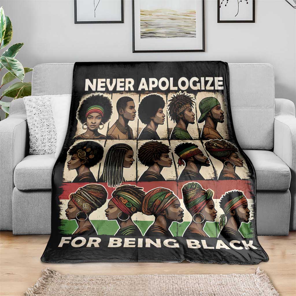 Black African portrait throw blanket with “NEVER APOLOGIZE” and “FOR BEING BLACK”