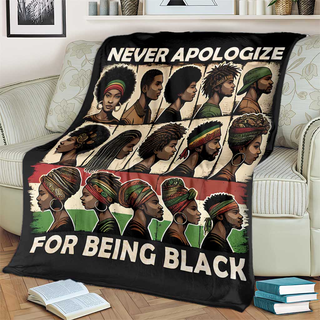 Black throw blanket with African portrait collage and “FOR BEING BLACK” slogan