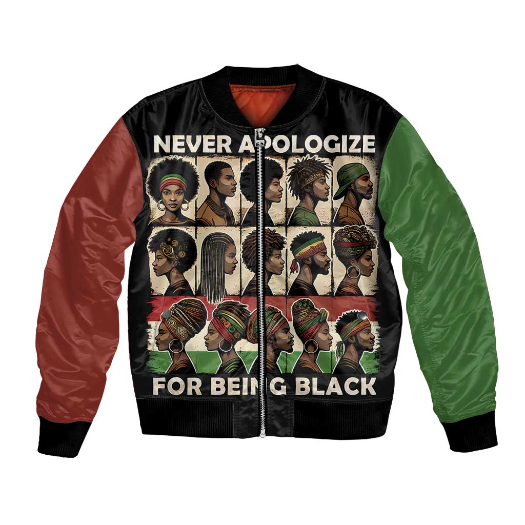 Two-tone bomber jacket with front graphic portrait text, black ribbed cuffs and collar