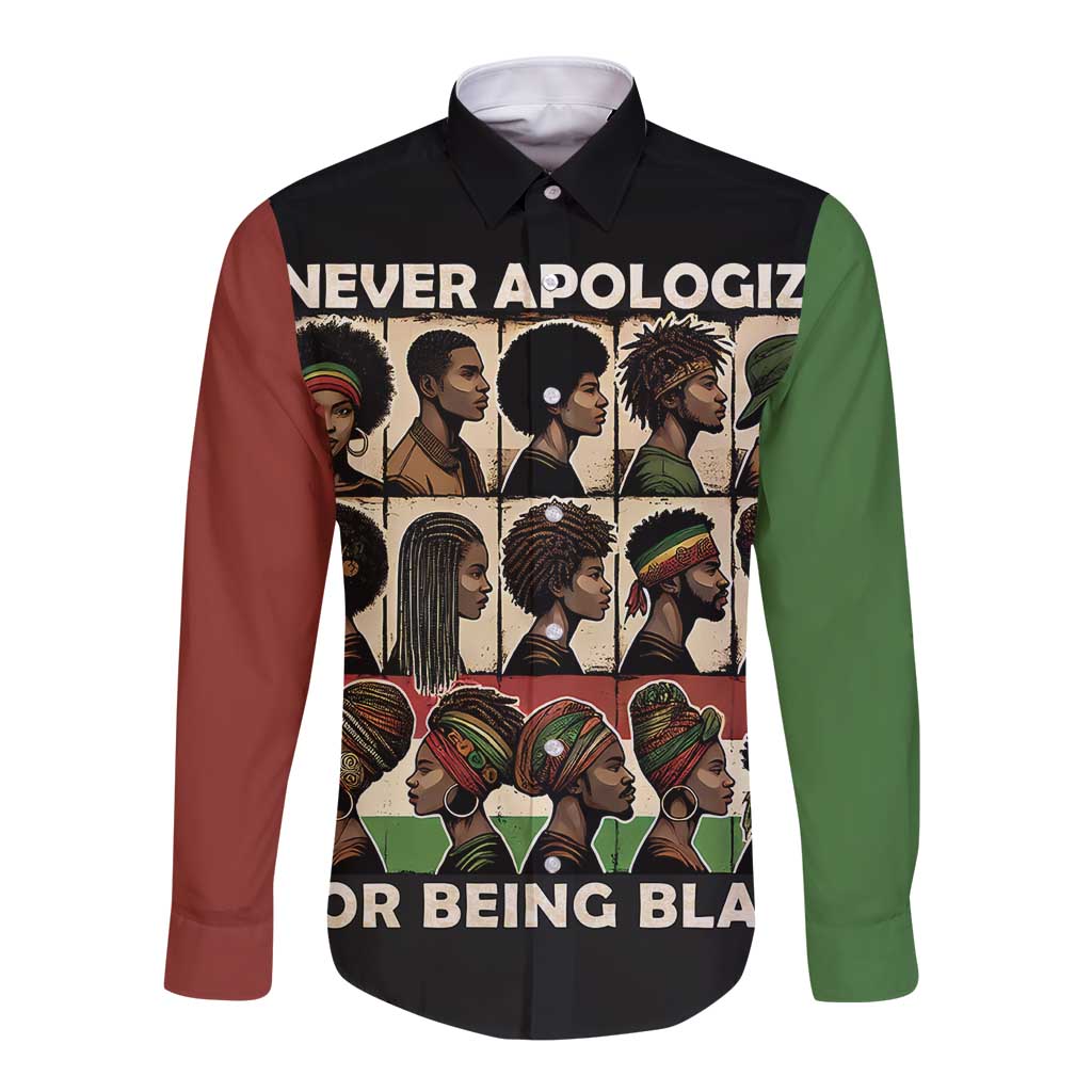 Long sleeve button shirt, black with multicolor portrait graphic on front