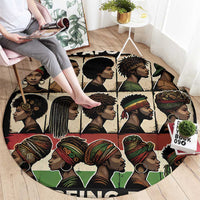 Round African portrait area rug with full circular collage of profile faces and headwraps